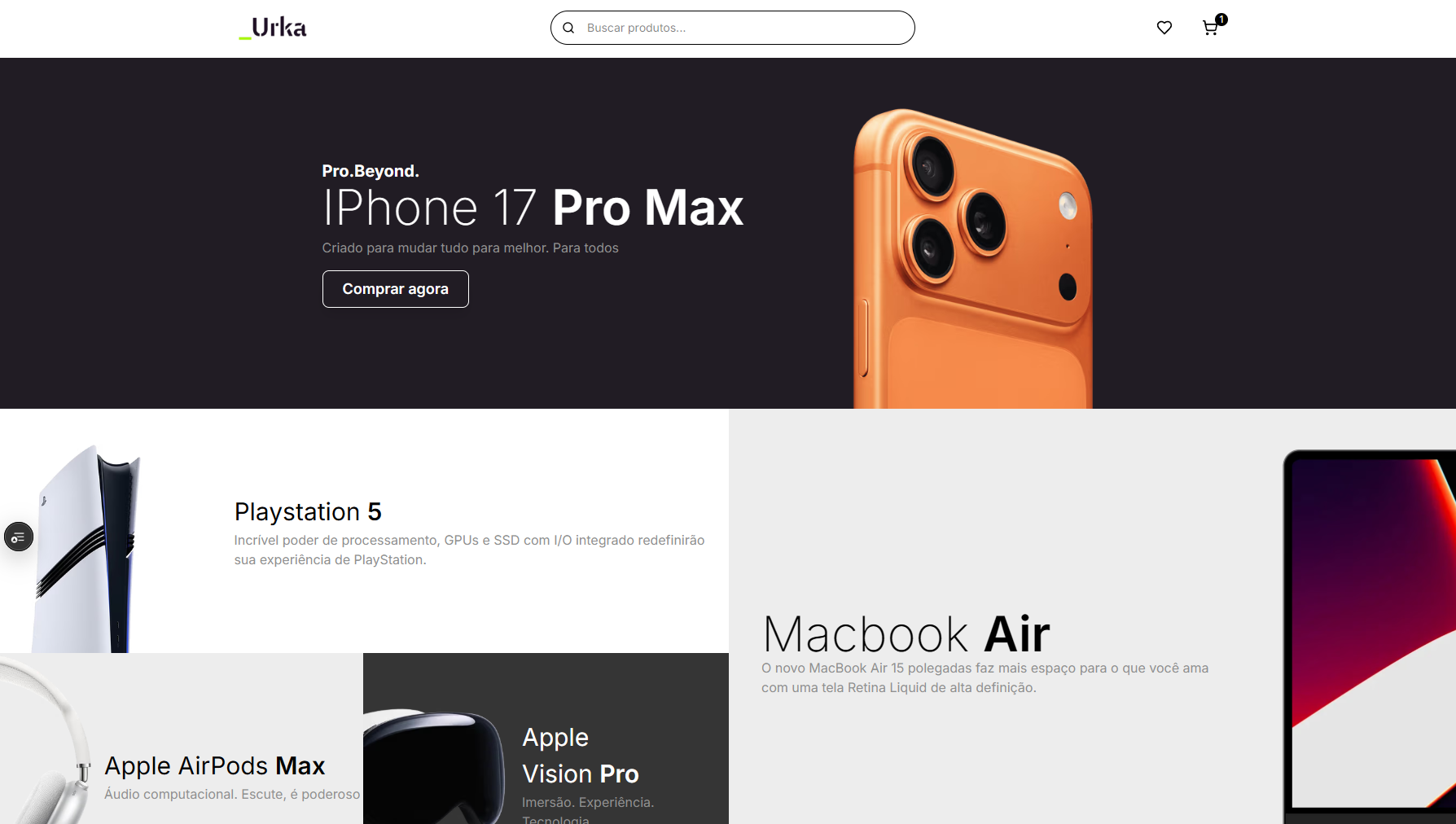 Tela inicial do ecommerce Urka